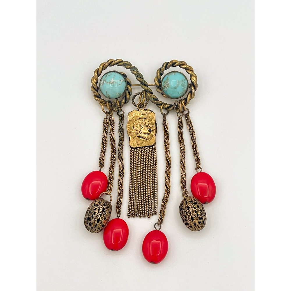 VTG Artisan Brutalist Roman Coin Brooch w/ Faux Turquoise & Red Beads
